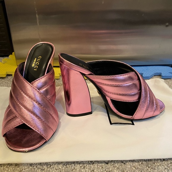 Gucci Shoes - Authentic Gucci platform mules heels sandals pink metallic 35